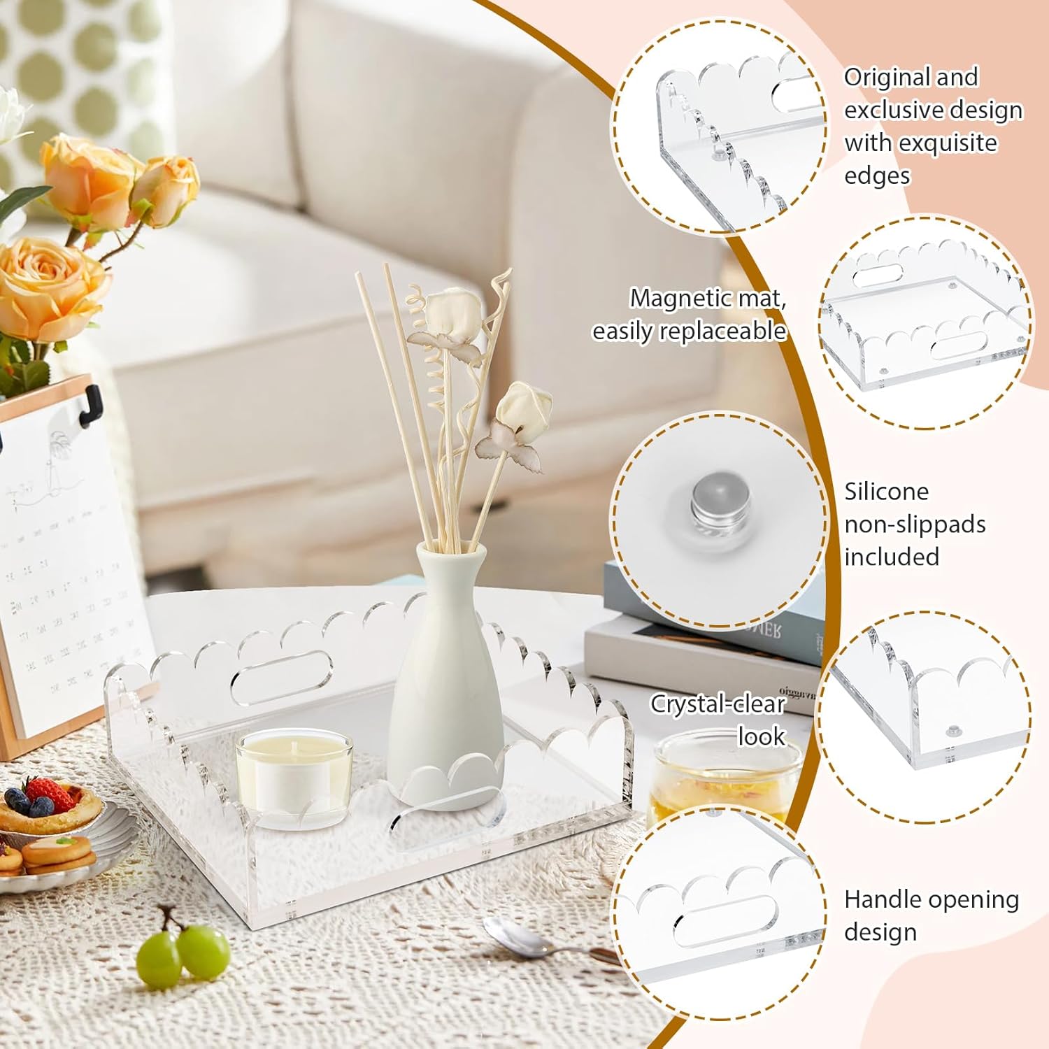 2 Pack Scalloped Acrylic Tray, Clear Acrylic Tray with Magnetic Mat, Portable Decorative Storage Trays for Photos, Dried Flowers and Jewellery