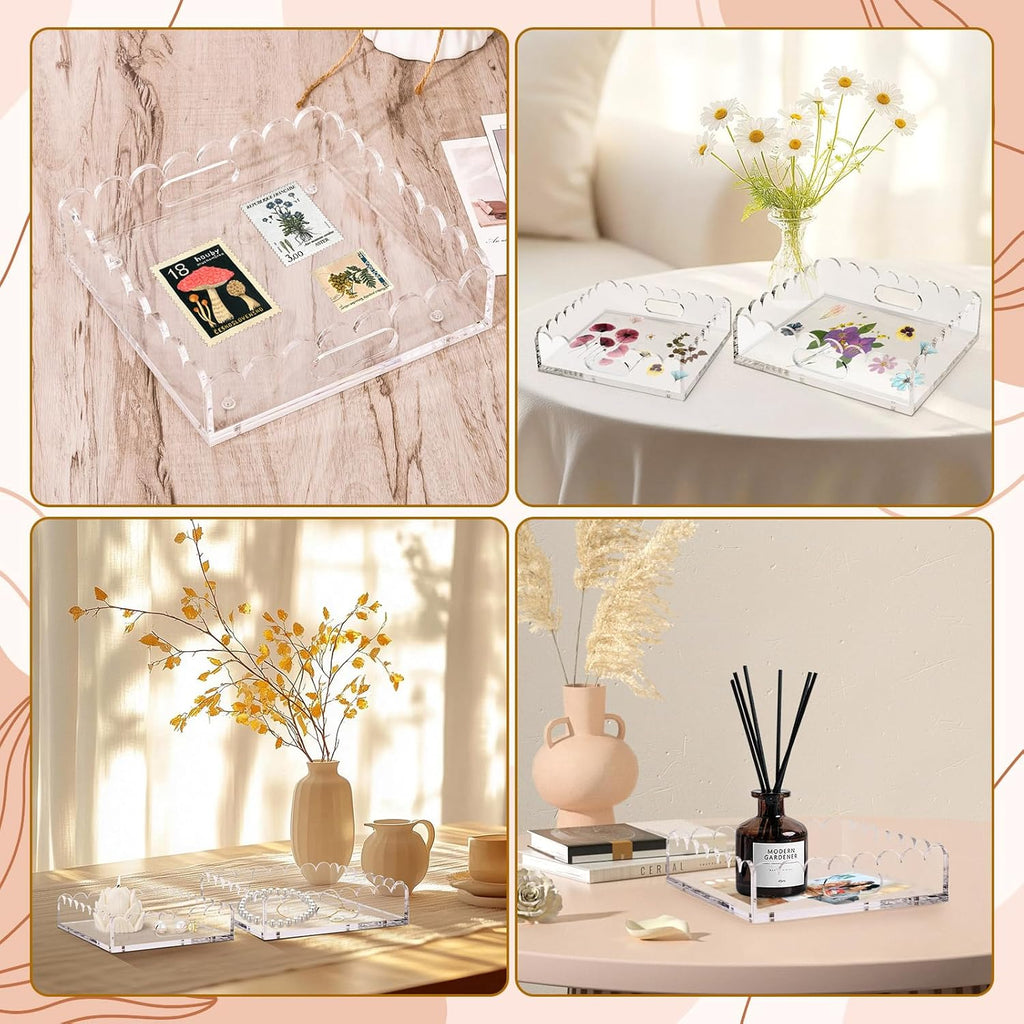 2 Pack Scalloped Acrylic Tray, Clear Acrylic Tray with Magnetic Mat, Portable Decorative Storage Trays for Photos, Dried Flowers and Jewellery