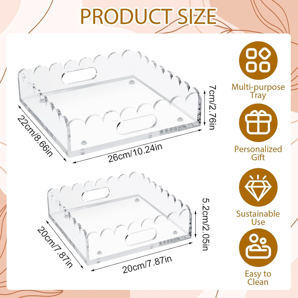 2 Pack Scalloped Acrylic Tray, Clear Acrylic Tray with Magnetic Mat, Portable Decorative Storage Trays for Photos, Dried Flowers and Jewellery