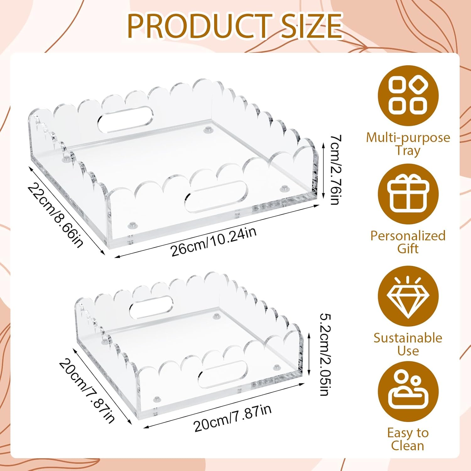 2 Pack Scalloped Acrylic Tray, Clear Acrylic Tray with Magnetic Mat, Portable Decorative Storage Trays for Photos, Dried Flowers and Jewellery