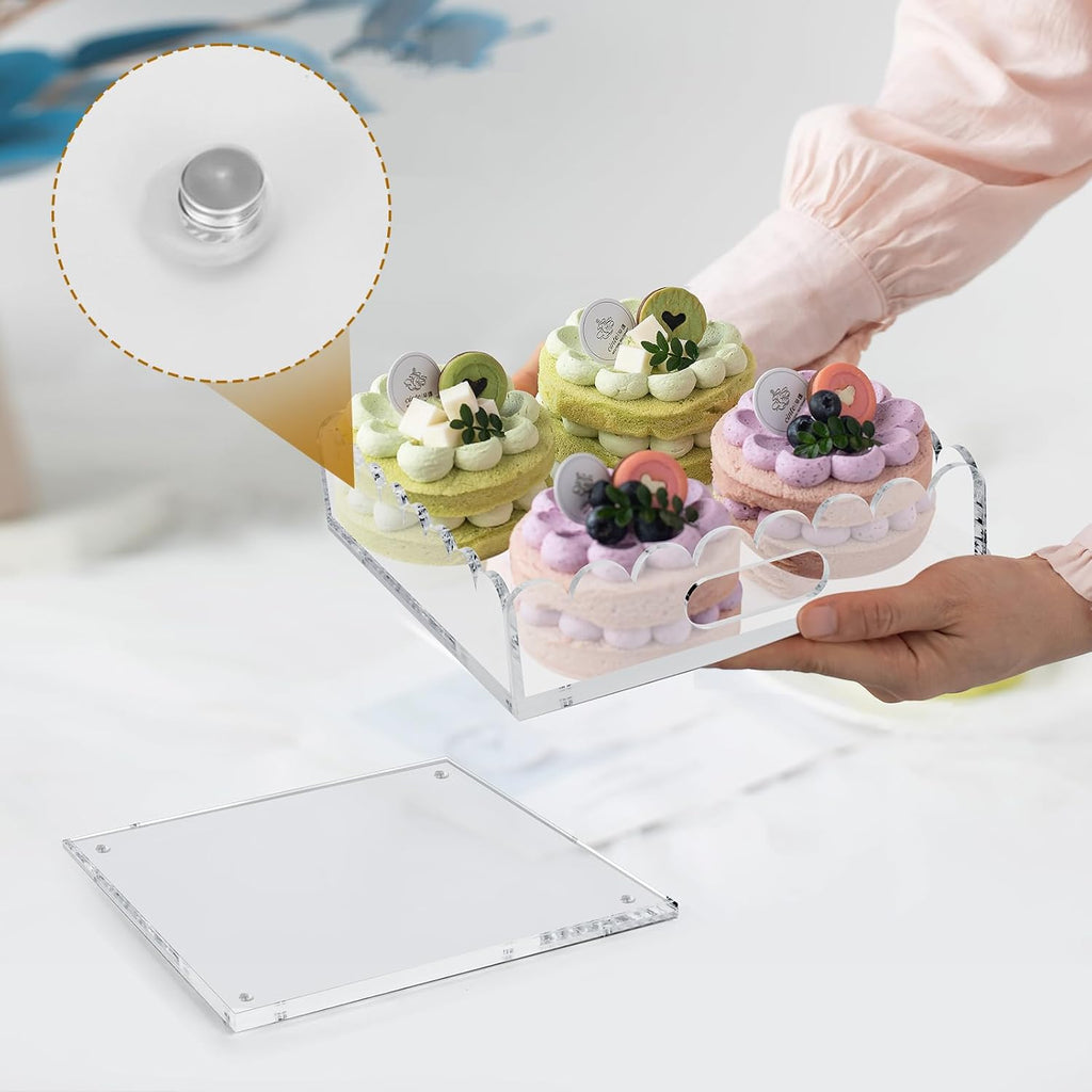 2 Pack Scalloped Acrylic Tray, Clear Acrylic Tray with Magnetic Mat, Portable Decorative Storage Trays for Photos, Dried Flowers and Jewellery