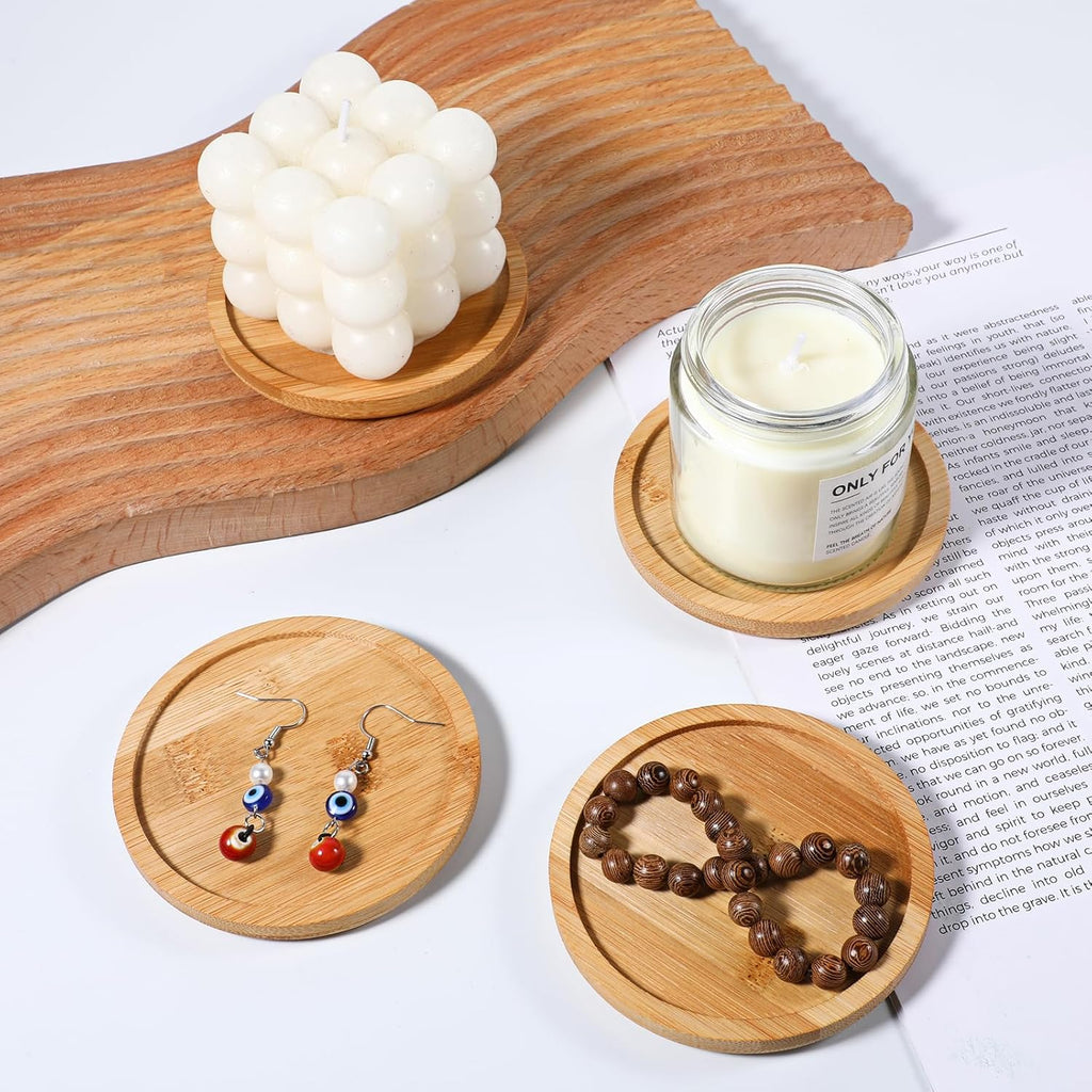 4 Pack Wood Candle Holder 3.5 Inch Wooden Pillar Candles Tray Rustic Bamboo Tray Round Wood Trays Home Decor Vintage Centerpiece Candle Holder for Wax Candles Incense Cones Weddings Christmas Decor