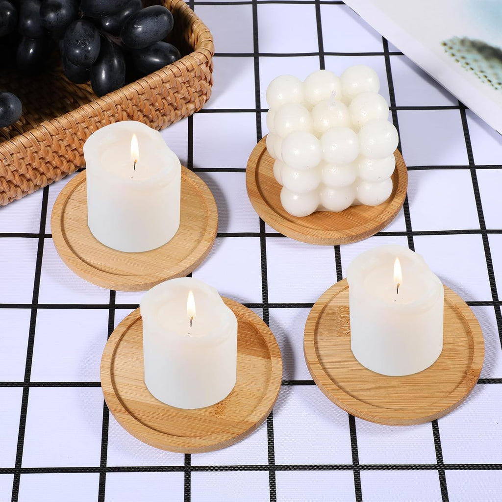 4 Pack Wood Candle Holder 3.5 Inch Wooden Pillar Candles Tray Rustic Bamboo Tray Round Wood Trays Home Decor Vintage Centerpiece Candle Holder for Wax Candles Incense Cones Weddings Christmas Decor