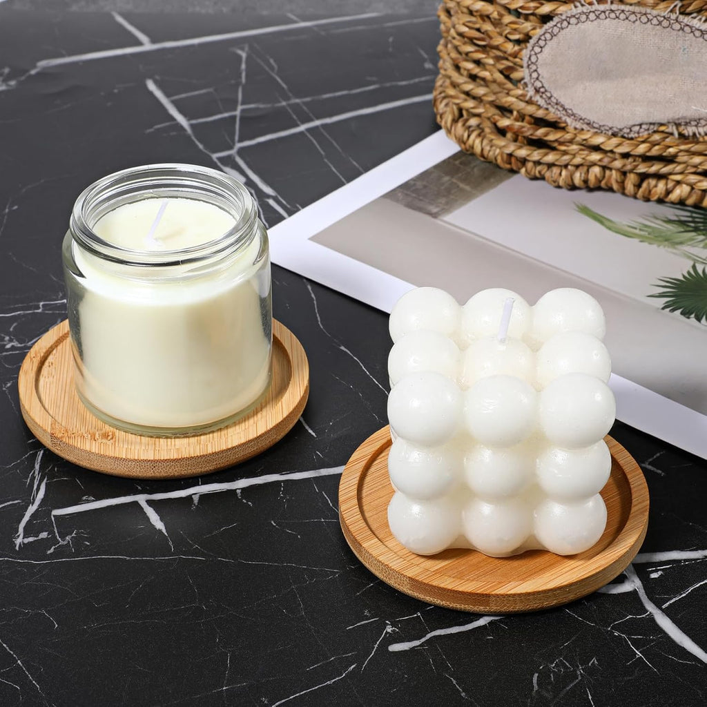 4 Pack Wood Candle Holder 3.5 Inch Wooden Pillar Candles Tray Rustic Bamboo Tray Round Wood Trays Home Decor Vintage Centerpiece Candle Holder for Wax Candles Incense Cones Weddings Christmas Decor