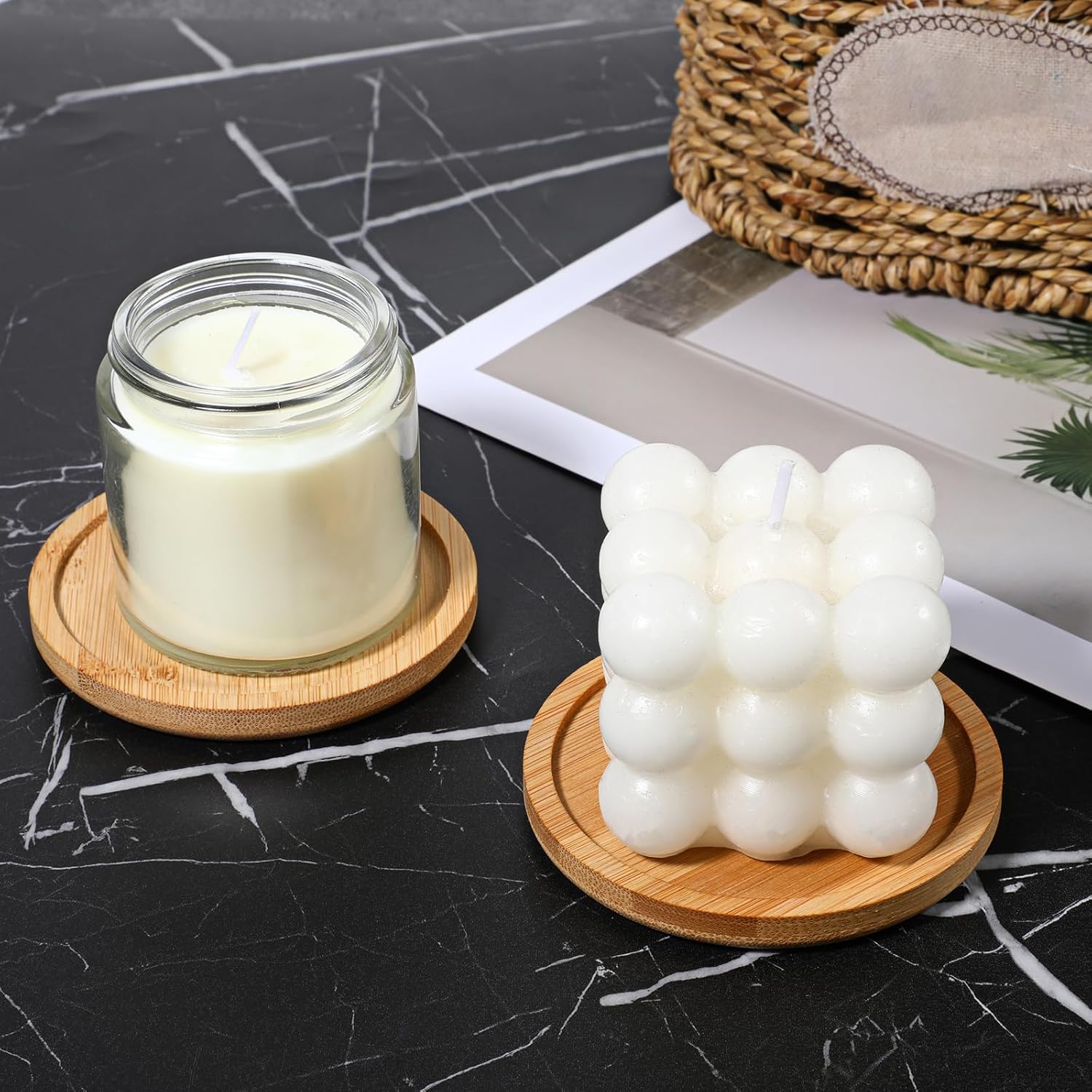 4 Pack Wood Candle Holder 3.5 Inch Wooden Pillar Candles Tray Rustic Bamboo Tray Round Wood Trays Home Decor Vintage Centerpiece Candle Holder for Wax Candles Incense Cones Weddings Christmas Decor