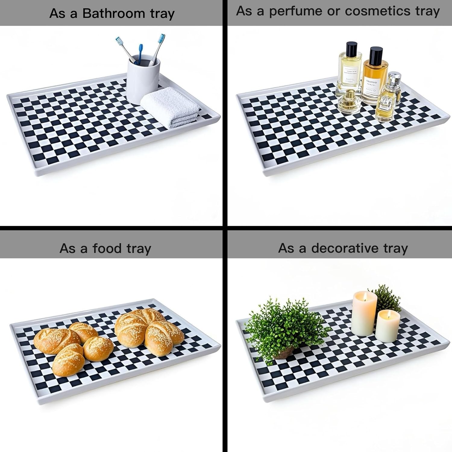 11 x 7 Ceramic Bathroom Tray for Countertop, Decorative Vanity Tray for Perfume, Jewelry, Candle, Rectangular Soap Dish Trays for Kitchen Counter, Bathrooms,Dresser Tops-Black and White Checkered