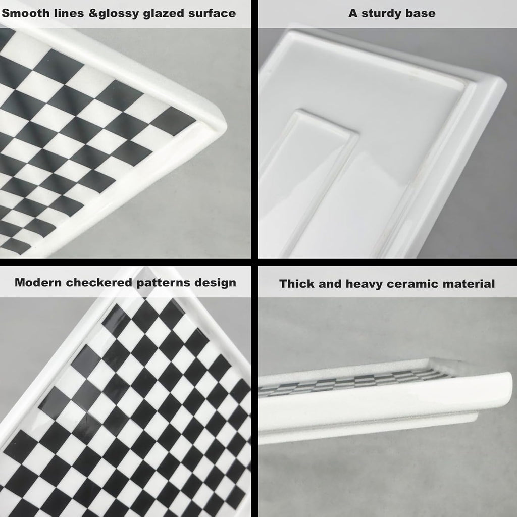 11 x 7 Ceramic Bathroom Tray for Countertop, Decorative Vanity Tray for Perfume, Jewelry, Candle, Rectangular Soap Dish Trays for Kitchen Counter, Bathrooms,Dresser Tops-Black and White Checkered