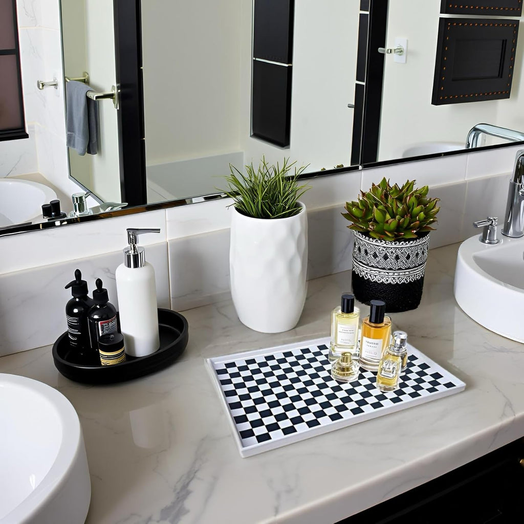 11 x 7 Ceramic Bathroom Tray for Countertop, Decorative Vanity Tray for Perfume, Jewelry, Candle, Rectangular Soap Dish Trays for Kitchen Counter, Bathrooms,Dresser Tops-Black and White Checkered