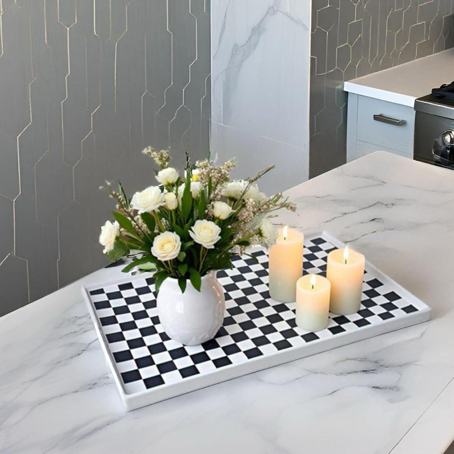 11 x 7 Ceramic Bathroom Tray for Countertop, Decorative Vanity Tray for Perfume, Jewelry, Candle, Rectangular Soap Dish Trays for Kitchen Counter, Bathrooms,Dresser Tops-Black and White Checkered