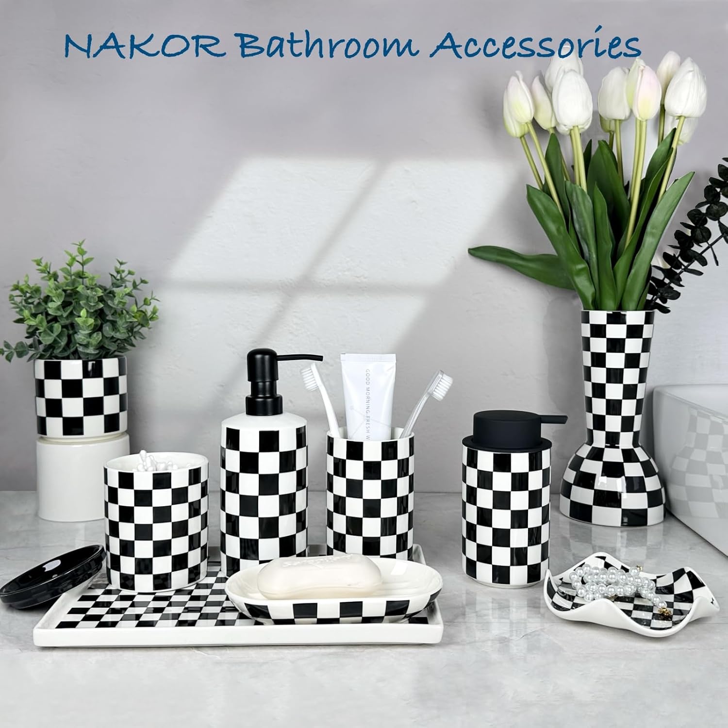 11 x 7 Ceramic Bathroom Tray for Countertop, Decorative Vanity Tray for Perfume, Jewelry, Candle, Rectangular Soap Dish Trays for Kitchen Counter, Bathrooms,Dresser Tops-Black and White Checkered