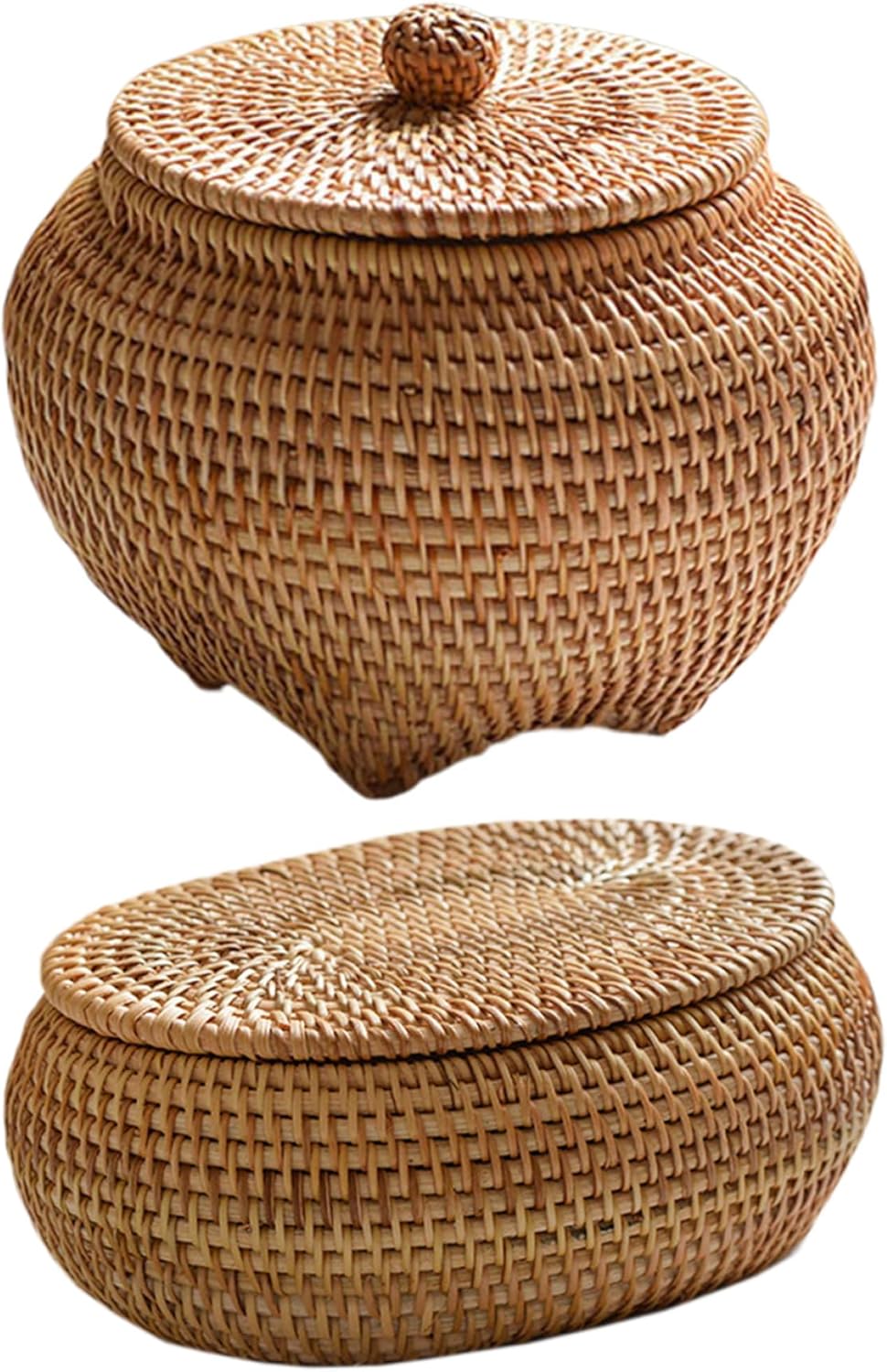 Little Woven Seagrass Storage Basket Box with Lid, Oval Hand Woven Basket, 5.5x6.7x2.8 inch Desk Decorative Box
