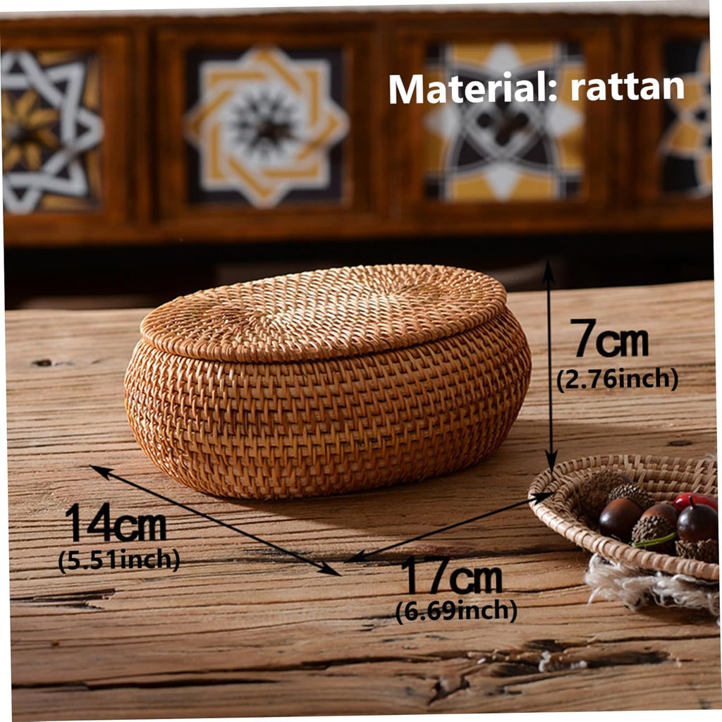 Little Woven Seagrass Storage Basket Box with Lid, Oval Hand Woven Basket, 5.5x6.7x2.8 inch Desk Decorative Box
