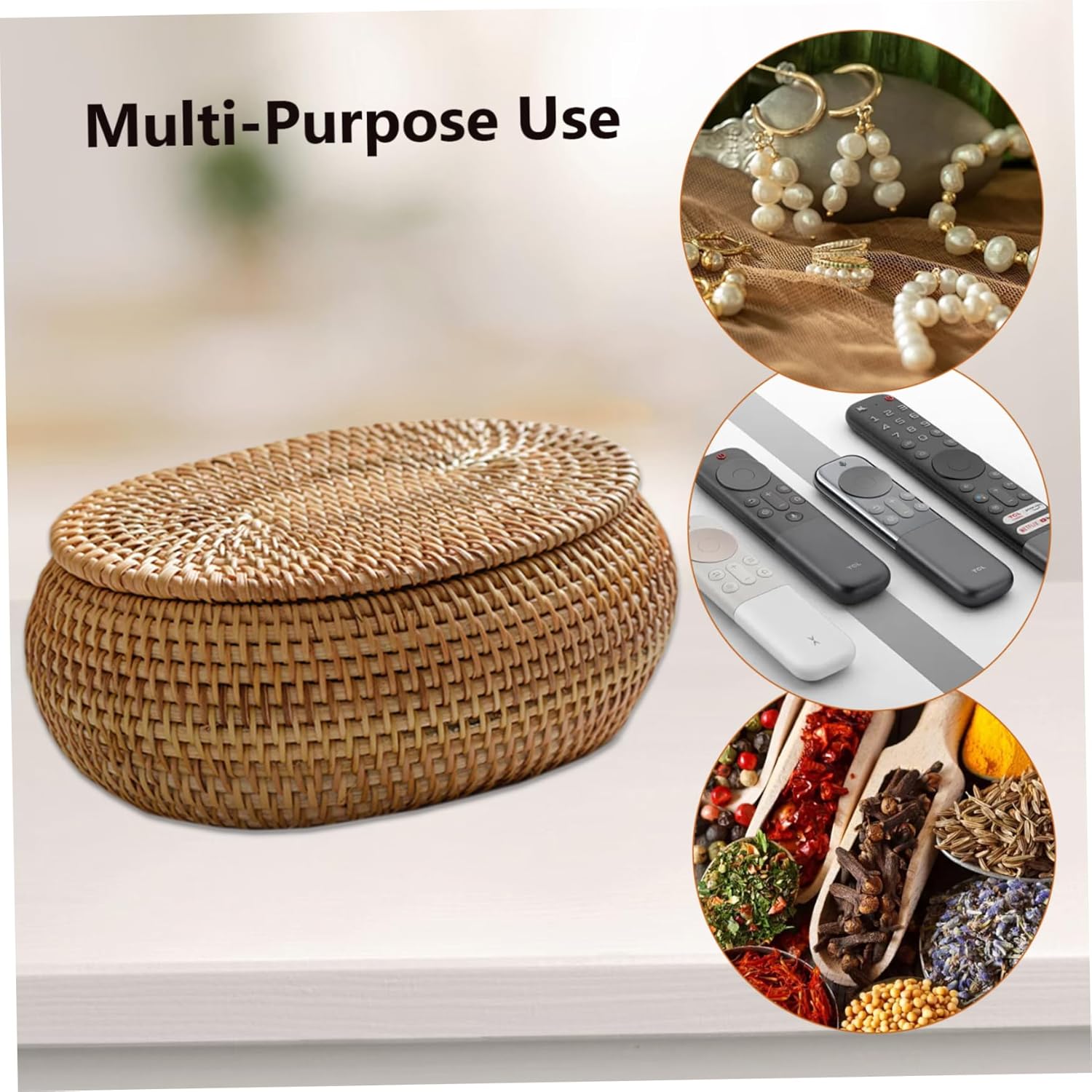 Little Woven Seagrass Storage Basket Box with Lid, Oval Hand Woven Basket, 5.5x6.7x2.8 inch Desk Decorative Box