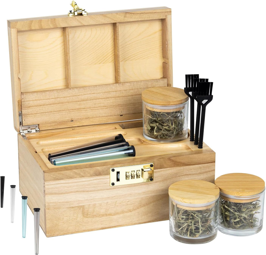 Premium Bamboo Storage Box with Combination Lock，Storage Decorative box with Removable Tray,Storage Lockbox Set with 3 Jars & 3 Brushes&4 Tubes,Detachable Compartment,Secret Box,Great Gift Choice