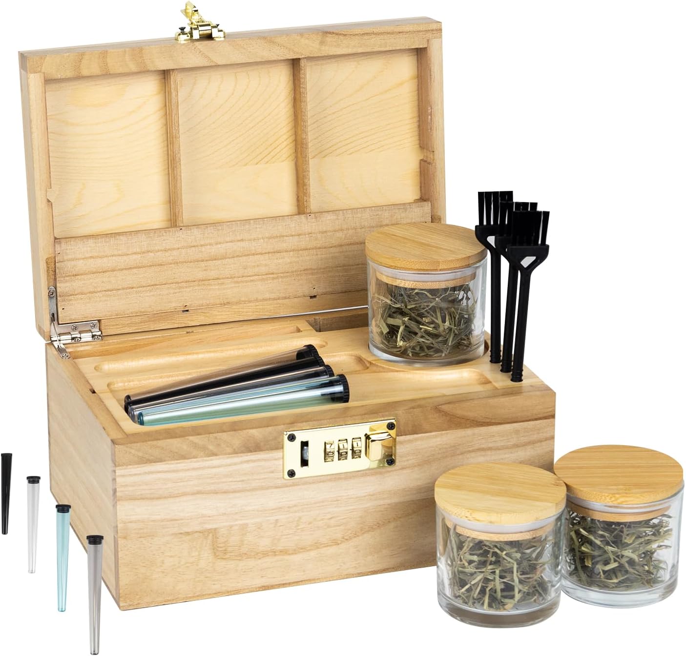 Premium Bamboo Storage Box with Combination Lock，Storage Decorative box with Removable Tray,Storage Lockbox Set with 3 Jars & 3 Brushes&4 Tubes,Detachable Compartment,Secret Box,Great Gift Choice