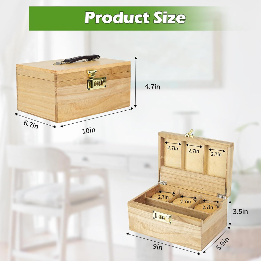 Premium Bamboo Storage Box with Combination Lock，Storage Decorative box with Removable Tray,Storage Lockbox Set with 3 Jars & 3 Brushes&4 Tubes,Detachable Compartment,Secret Box,Great Gift Choice