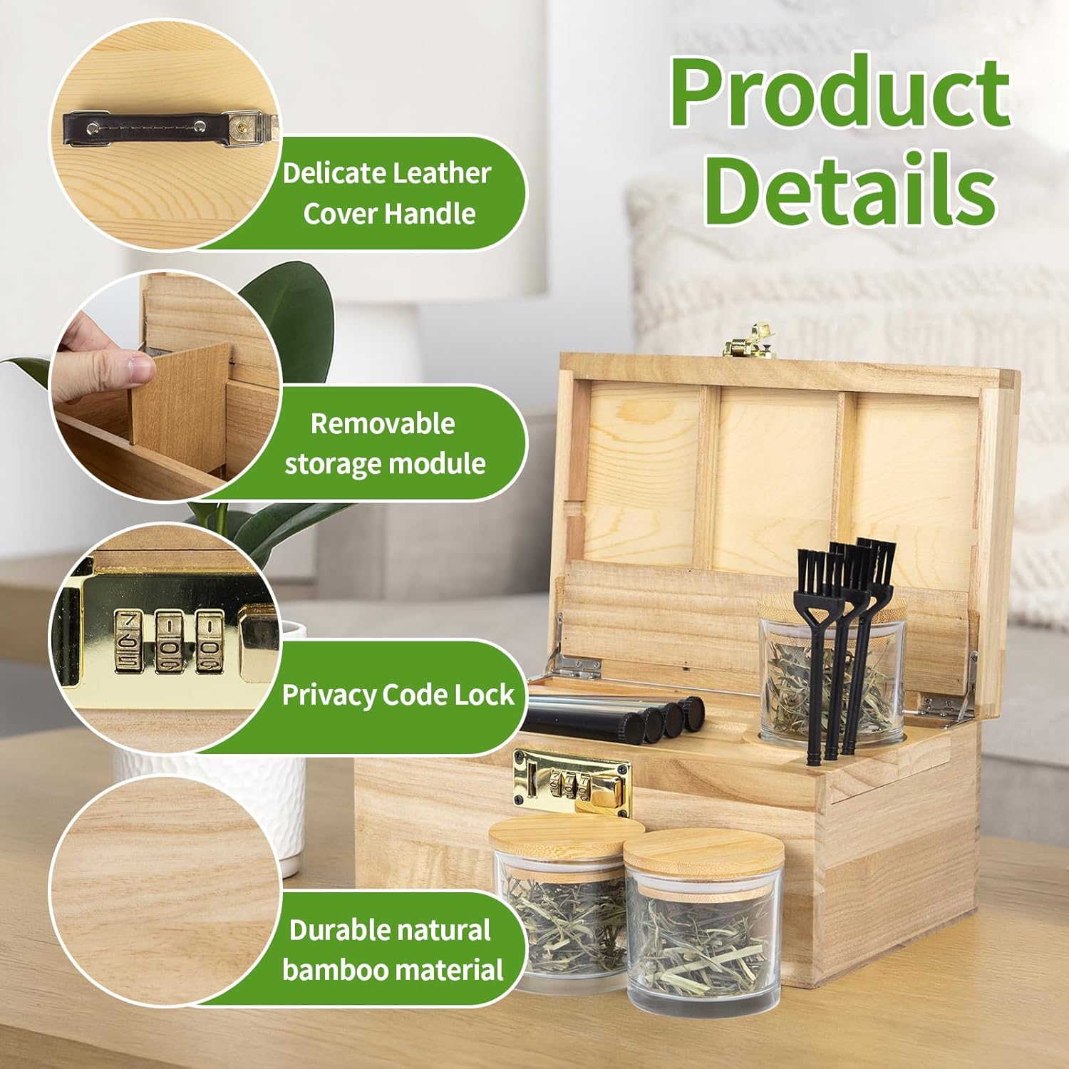 Premium Bamboo Storage Box with Combination Lock，Storage Decorative box with Removable Tray,Storage Lockbox Set with 3 Jars & 3 Brushes&4 Tubes,Detachable Compartment,Secret Box,Great Gift Choice