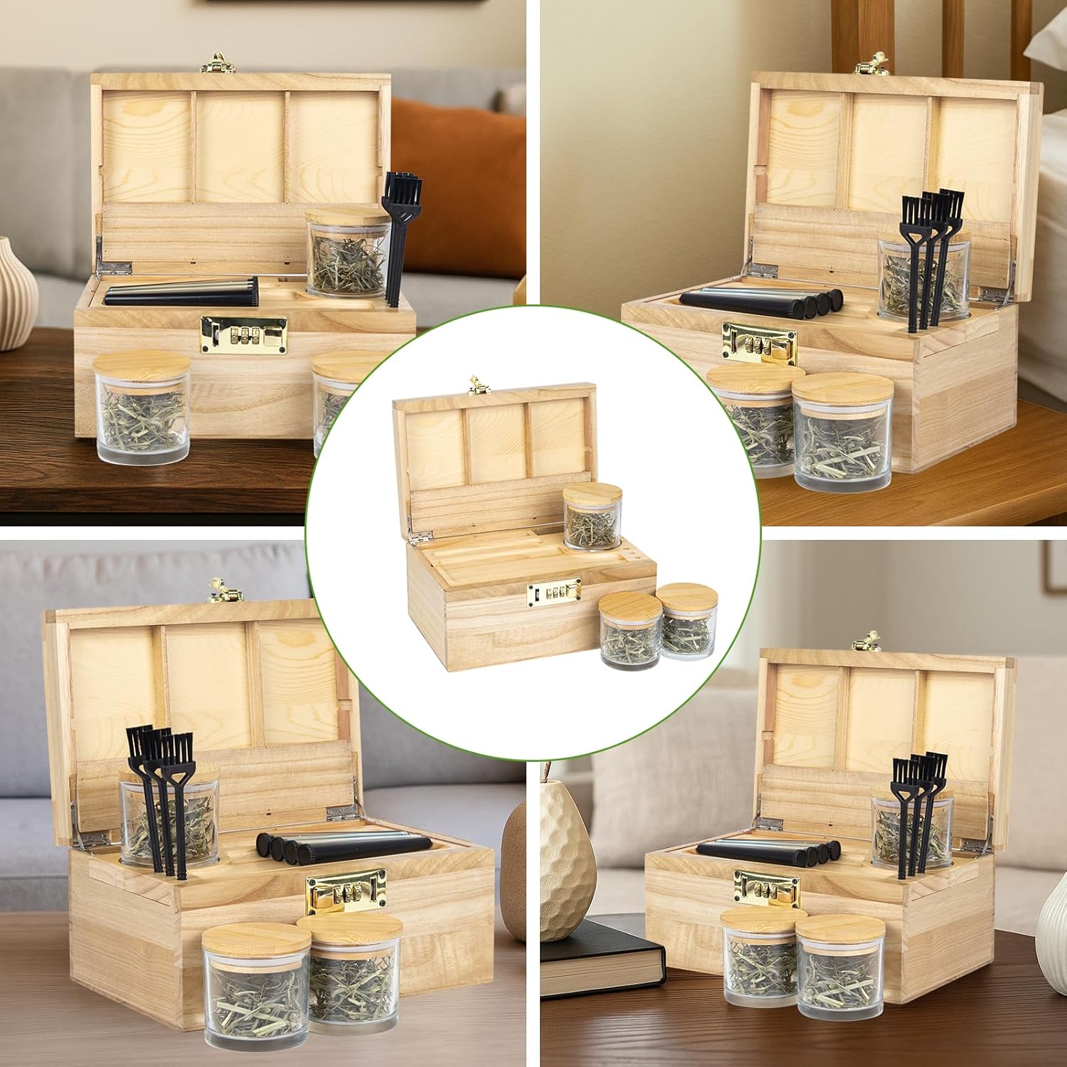 Premium Bamboo Storage Box with Combination Lock，Storage Decorative box with Removable Tray,Storage Lockbox Set with 3 Jars & 3 Brushes&4 Tubes,Detachable Compartment,Secret Box,Great Gift Choice