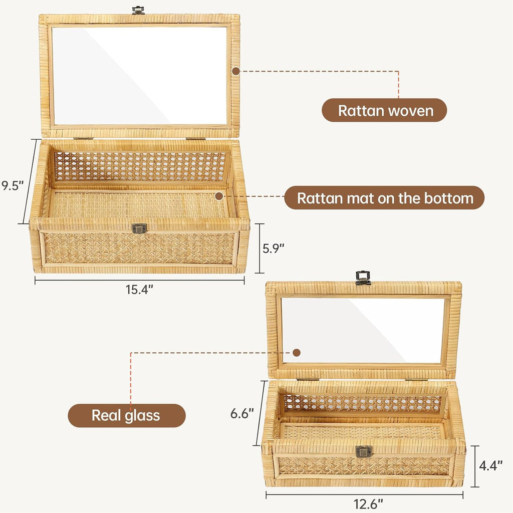 Rattan Decorative Box with Lid, Set of 2 Wicker Storage Baskets, Rectangular Woven Stacking Display Boxes with Glass Top, Large Natural Cane and Wood Storage Bins for Home Decor, Boho Shelf Organizer