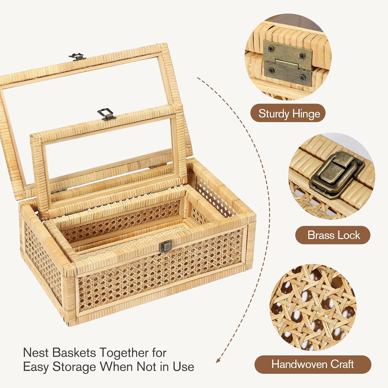 Rattan Decorative Box with Lid, Set of 2 Wicker Storage Baskets, Rectangular Woven Stacking Display Boxes with Glass Top, Large Natural Cane and Wood Storage Bins for Home Decor, Boho Shelf Organizer