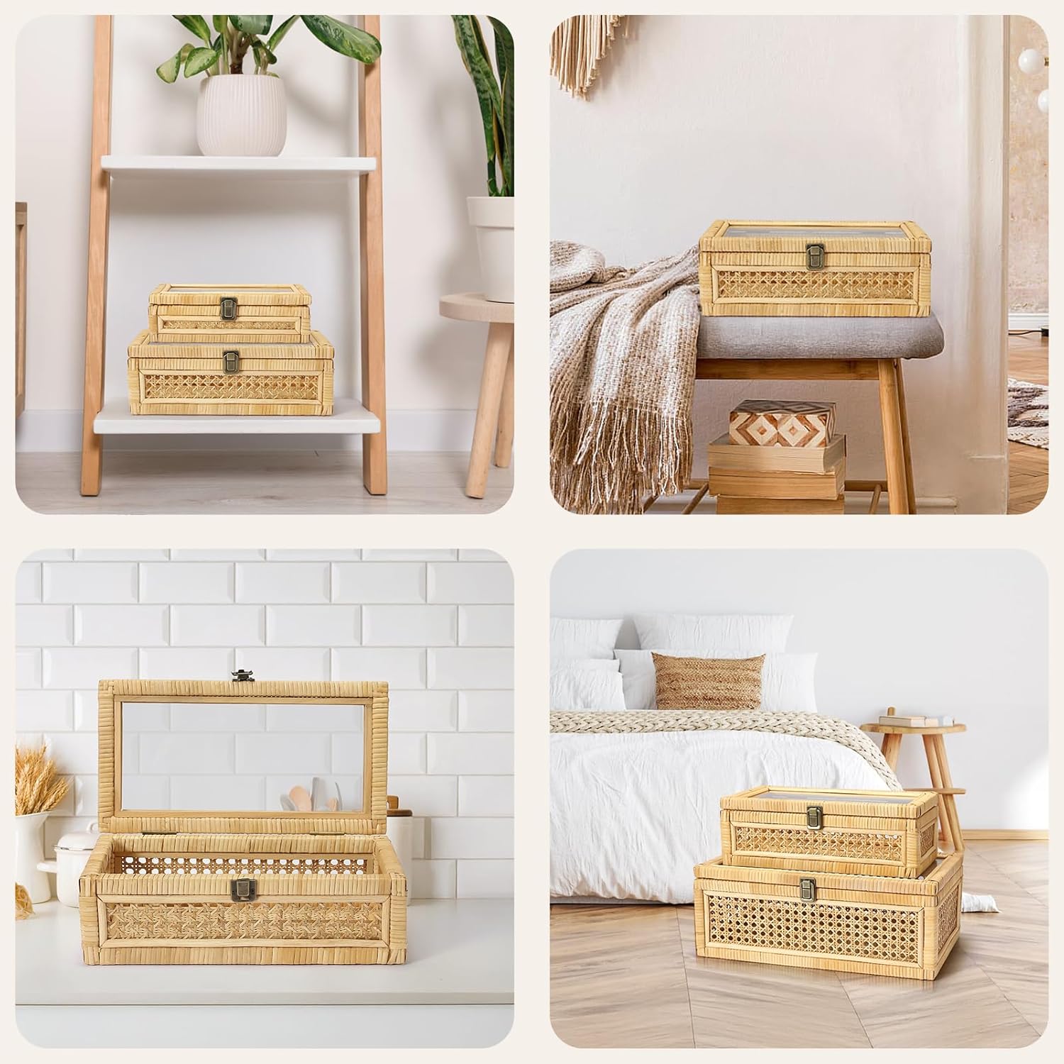 Rattan Decorative Box with Lid, Set of 2 Wicker Storage Baskets, Rectangular Woven Stacking Display Boxes with Glass Top, Large Natural Cane and Wood Storage Bins for Home Decor, Boho Shelf Organizer