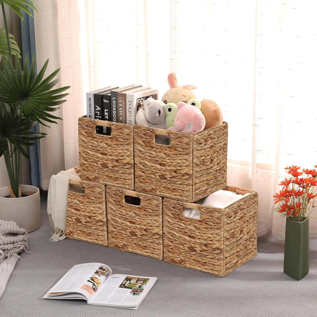 11x11in Wicker Storage Baskets Set of 5 Collapsible Water Hyacinth Basket for Organizing,Handwoven Woven Bins for Bedroom,Living Room,Shelves - Natural