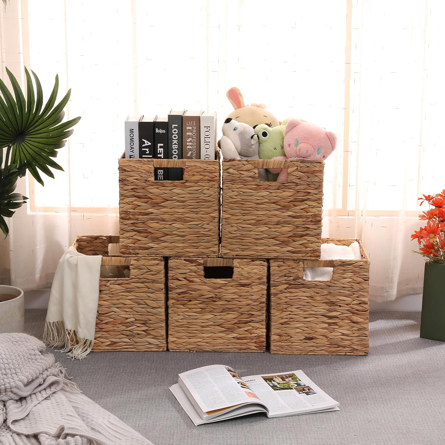 11x11in Wicker Storage Baskets Set of 5 Collapsible Water Hyacinth Basket for Organizing,Handwoven Woven Bins for Bedroom,Living Room,Shelves - Natural