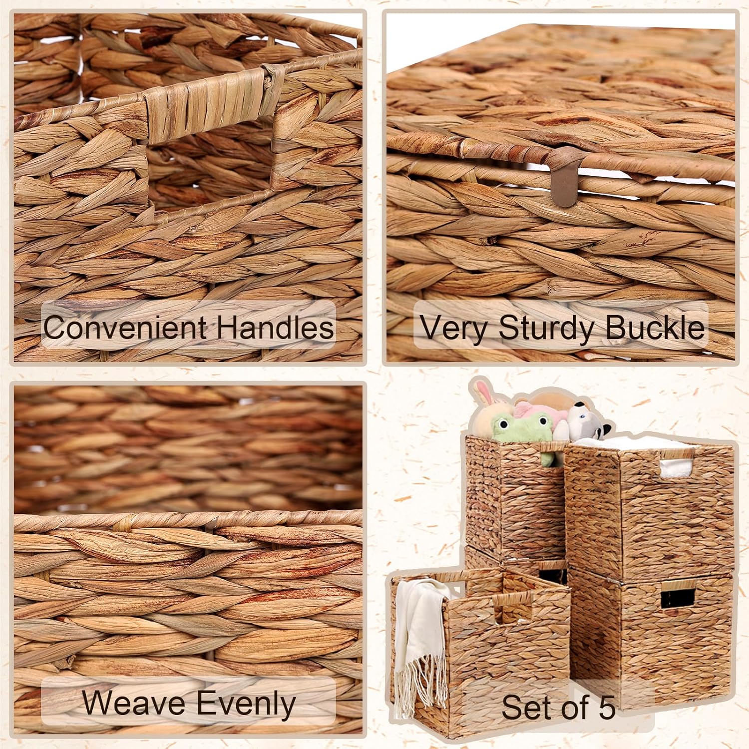 11x11in Wicker Storage Baskets Set of 5 Collapsible Water Hyacinth Basket for Organizing,Handwoven Woven Bins for Bedroom,Living Room,Shelves - Natural