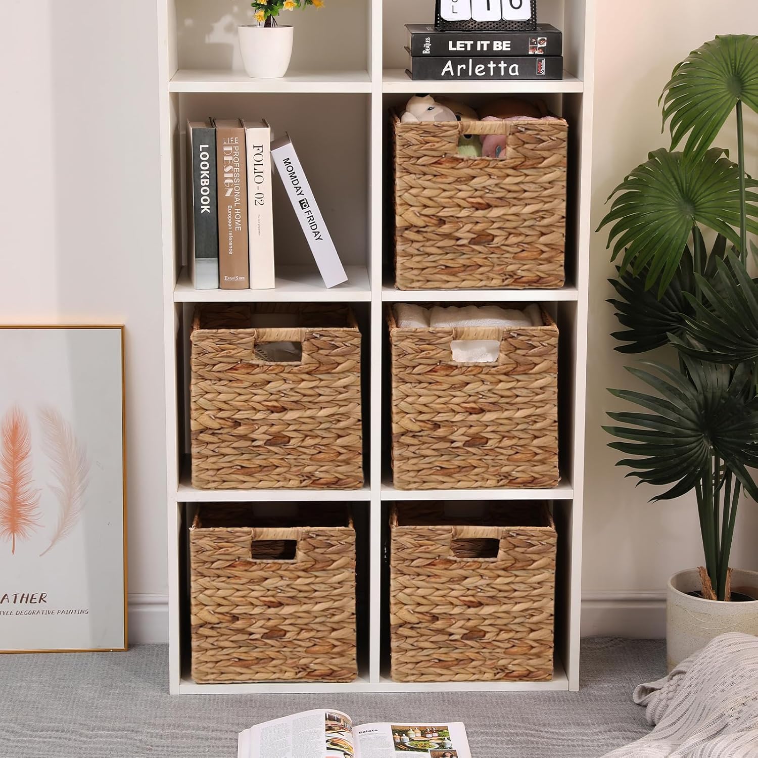 11x11in Wicker Storage Baskets Set of 5 Collapsible Water Hyacinth Basket for Organizing,Handwoven Woven Bins for Bedroom,Living Room,Shelves - Natural