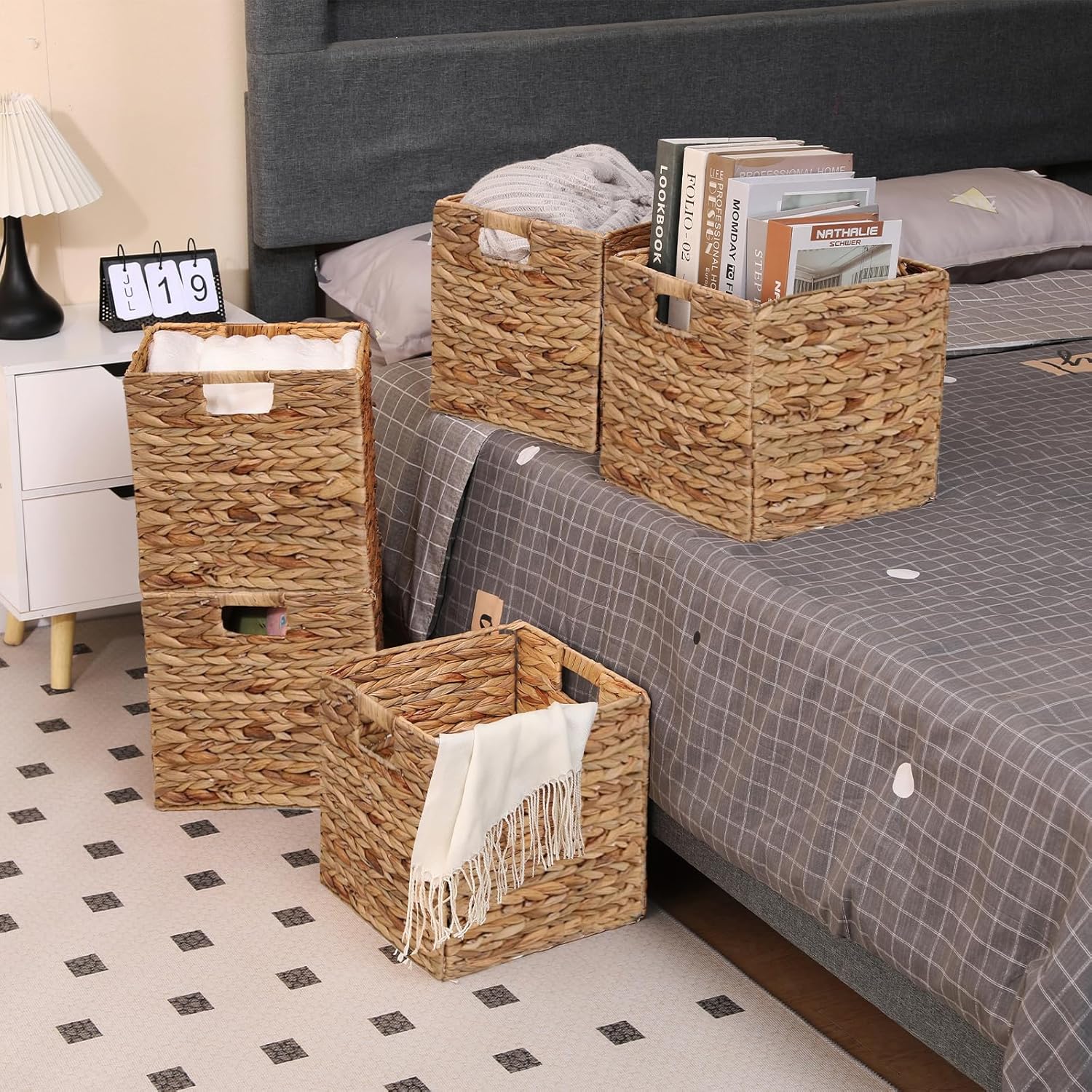 11x11in Wicker Storage Baskets Set of 5 Collapsible Water Hyacinth Basket for Organizing,Handwoven Woven Bins for Bedroom,Living Room,Shelves - Natural