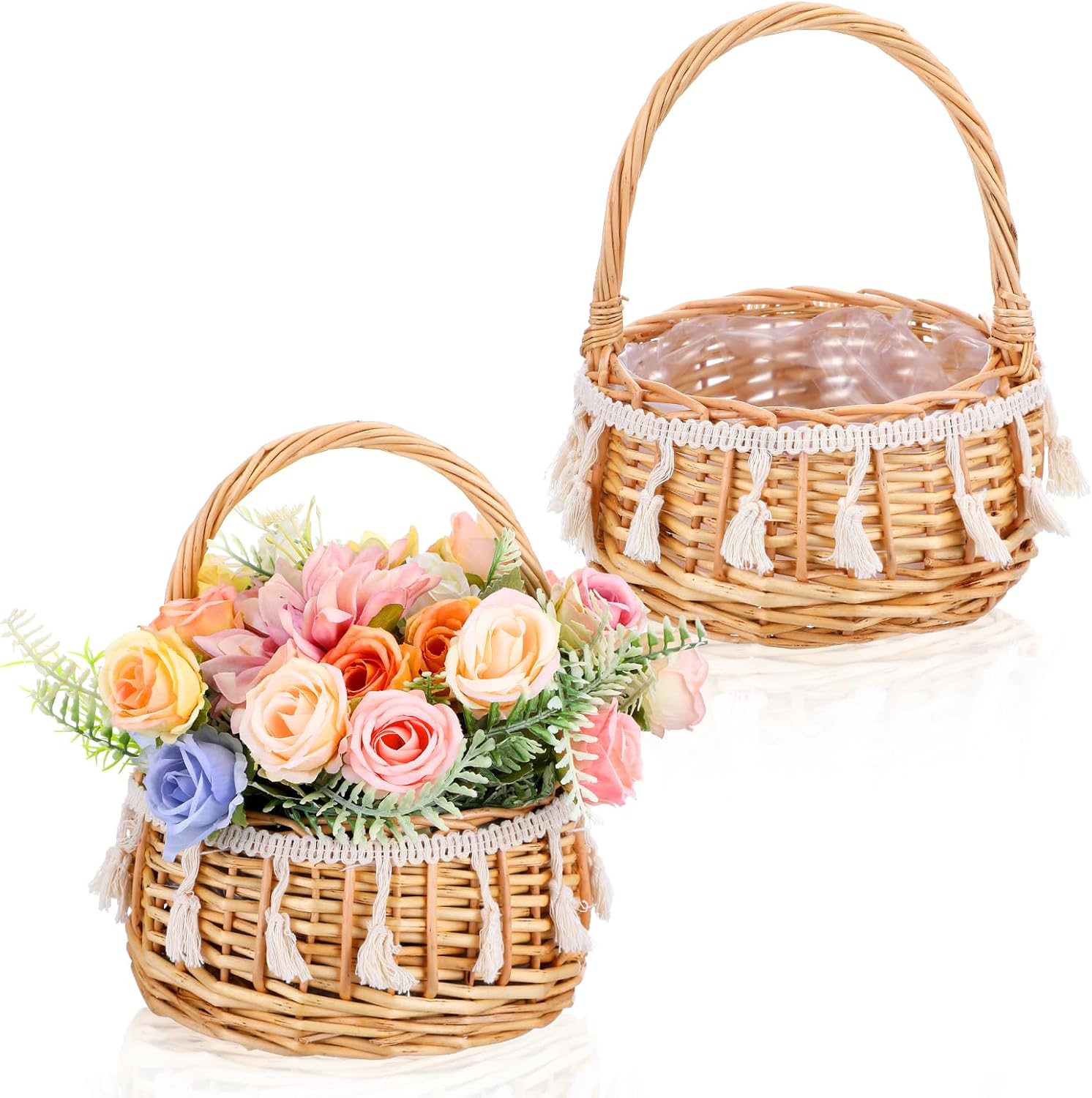 2 Pack Boho Flower Girl Baskets, Small Wicker Basket with Handle - Basket for Flowers, Handwoven Willow Rattan Decorative Baskets for Wedding, Home Decor, Gifts (8.66 x 6.29 x 6.29 Inches)