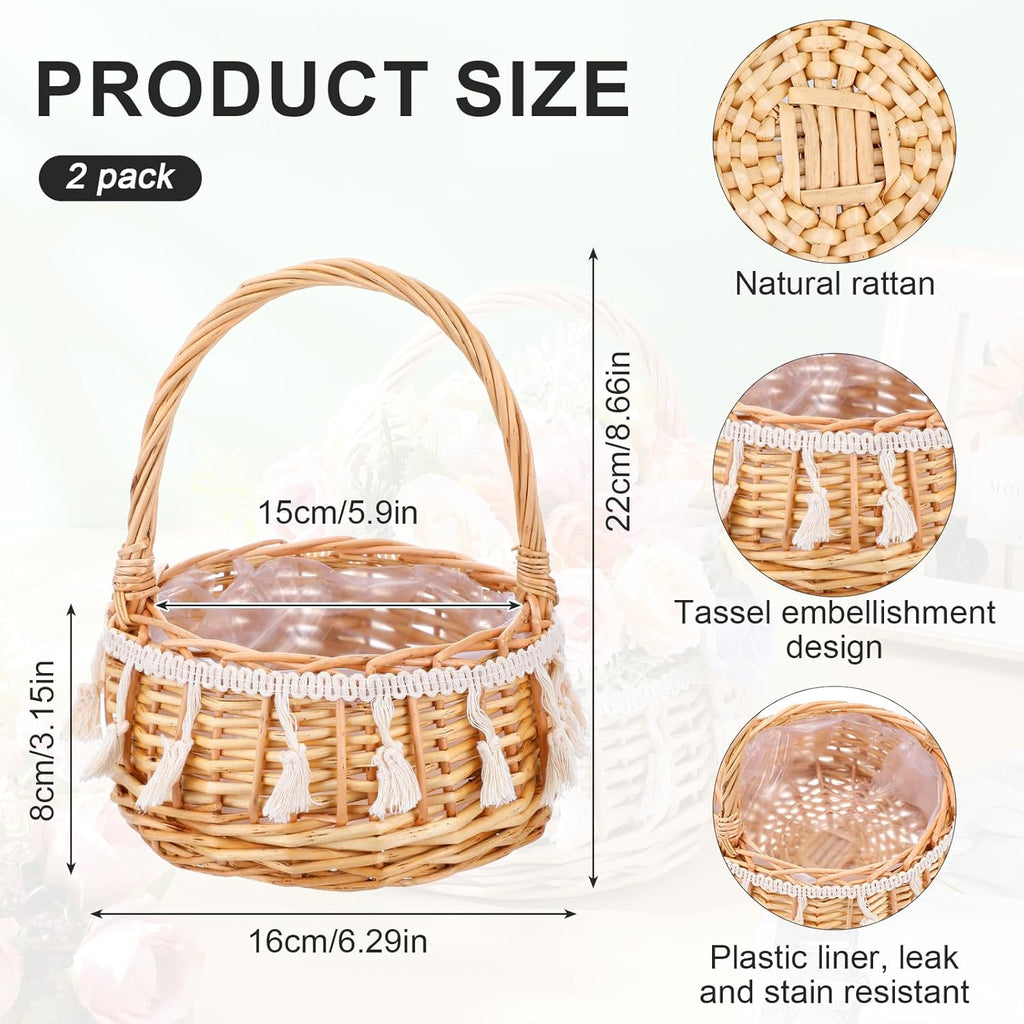 2 Pack Boho Flower Girl Baskets, Small Wicker Basket with Handle - Basket for Flowers, Handwoven Willow Rattan Decorative Baskets for Wedding, Home Decor, Gifts (8.66 x 6.29 x 6.29 Inches)