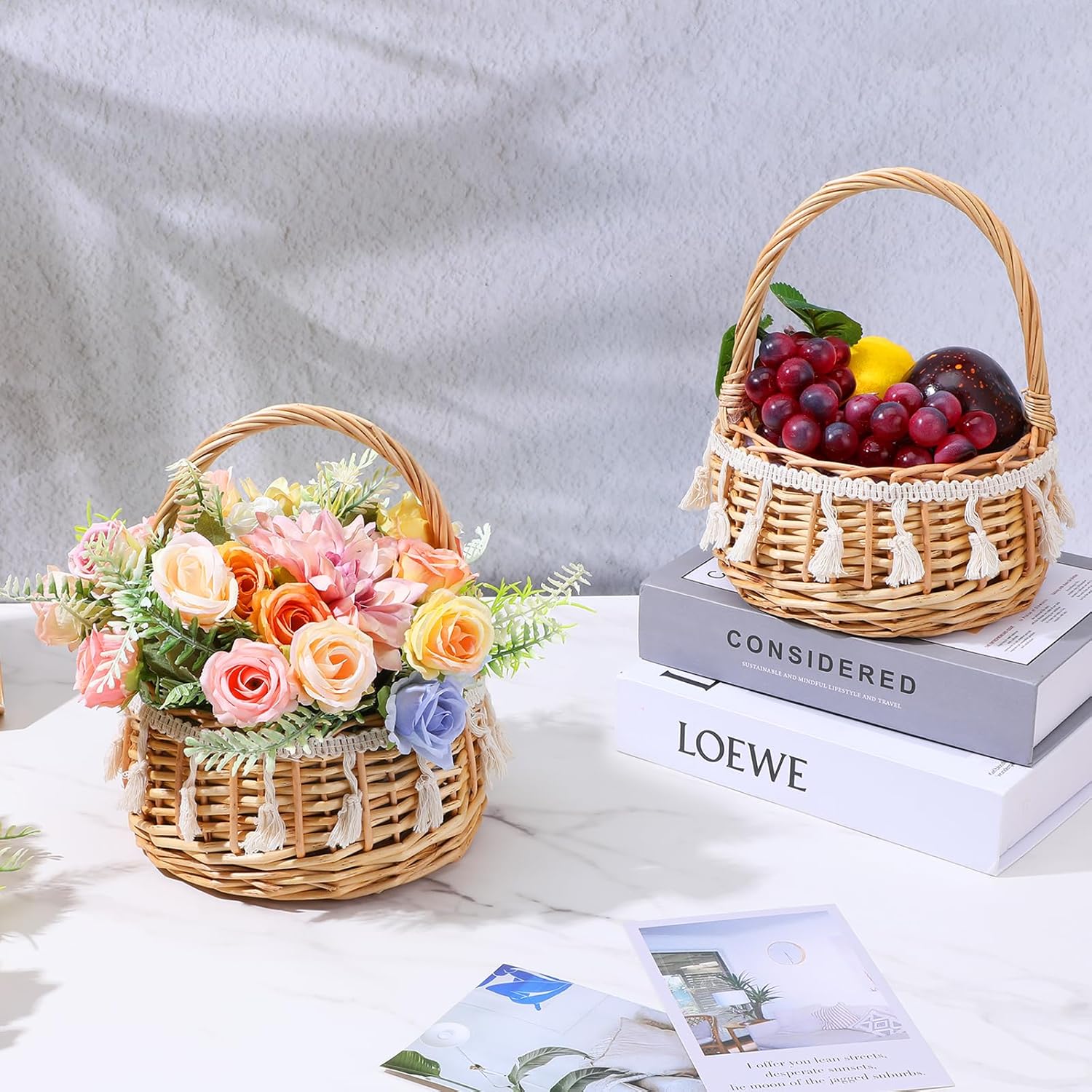 2 Pack Boho Flower Girl Baskets, Small Wicker Basket with Handle - Basket for Flowers, Handwoven Willow Rattan Decorative Baskets for Wedding, Home Decor, Gifts (8.66 x 6.29 x 6.29 Inches)