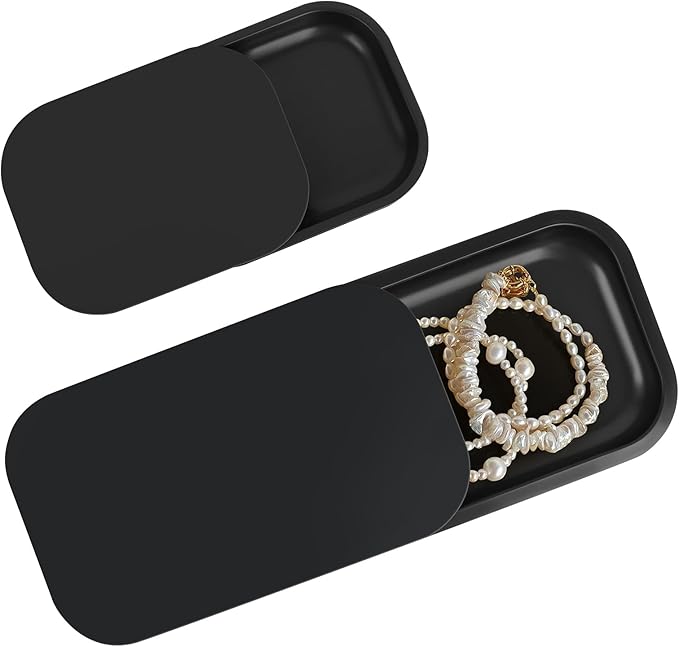 2 Pack Metal Tray with Magnetic Lid, 11 Inch 7 Inch Decorative Trays with 0.6 Inch Depth, Portable Metallic Tray for Jewelry, Sewing, Crafting, Light Travel, Home Decor, Matt Black