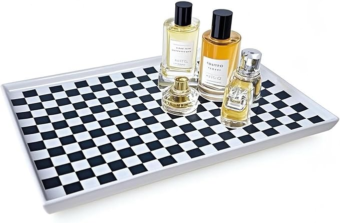 11 x 7 Ceramic Bathroom Tray for Countertop, Decorative Vanity Tray for Perfume, Jewelry, Candle, Rectangular Soap Dish Trays for Kitchen Counter, Bathrooms,Dresser Tops-Black and White Checkered