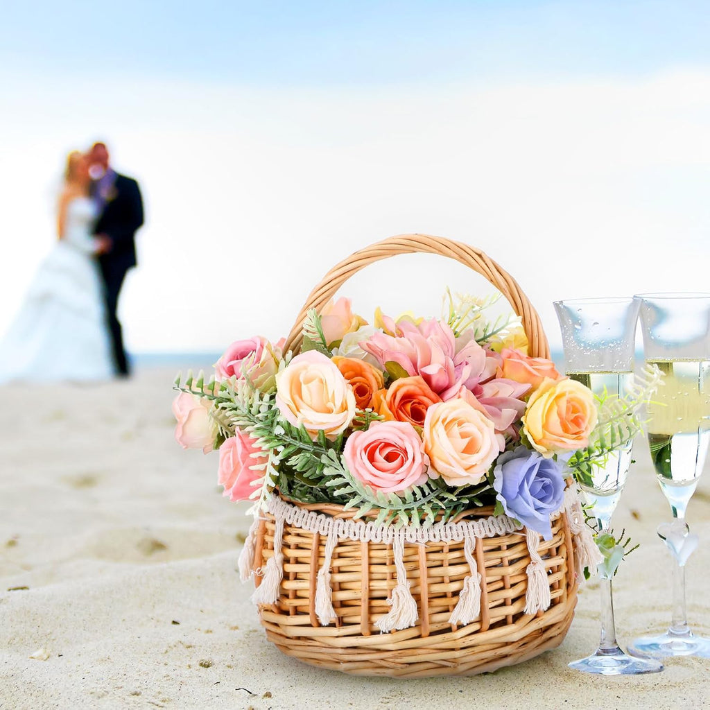 2 Pack Boho Flower Girl Baskets, Small Wicker Basket with Handle - Basket for Flowers, Handwoven Willow Rattan Decorative Baskets for Wedding, Home Decor, Gifts (8.66 x 6.29 x 6.29 Inches)