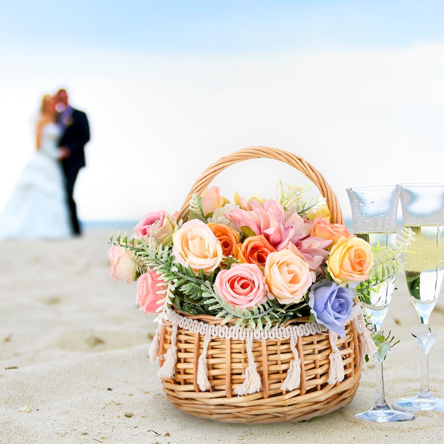 2 Pack Boho Flower Girl Baskets, Small Wicker Basket with Handle - Basket for Flowers, Handwoven Willow Rattan Decorative Baskets for Wedding, Home Decor, Gifts (8.66 x 6.29 x 6.29 Inches)