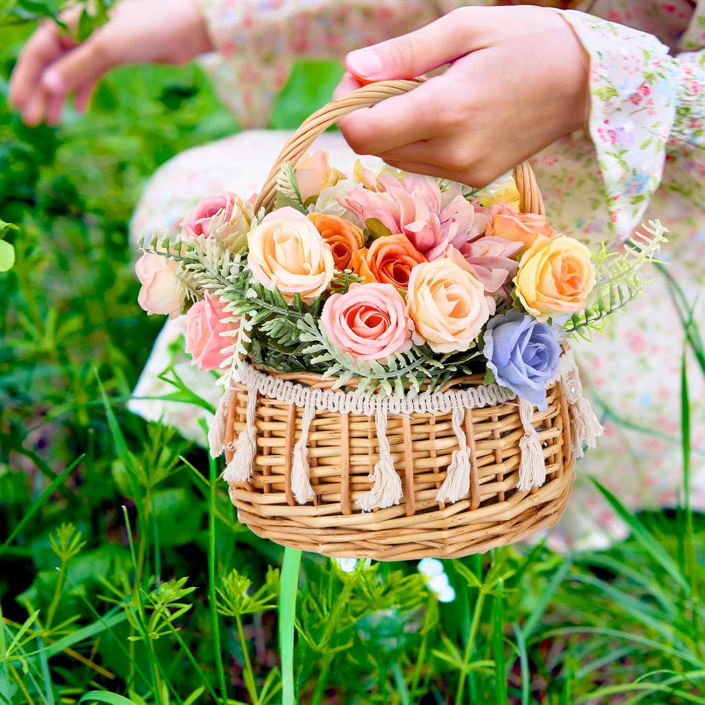 2 Pack Boho Flower Girl Baskets, Small Wicker Basket with Handle - Basket for Flowers, Handwoven Willow Rattan Decorative Baskets for Wedding, Home Decor, Gifts (8.66 x 6.29 x 6.29 Inches)