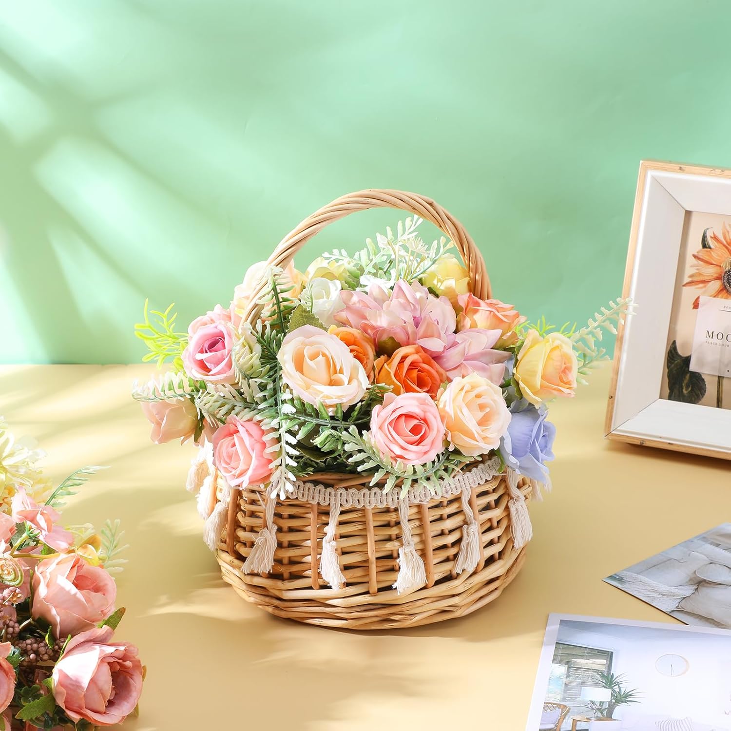 2 Pack Boho Flower Girl Baskets, Small Wicker Basket with Handle - Basket for Flowers, Handwoven Willow Rattan Decorative Baskets for Wedding, Home Decor, Gifts (8.66 x 6.29 x 6.29 Inches)