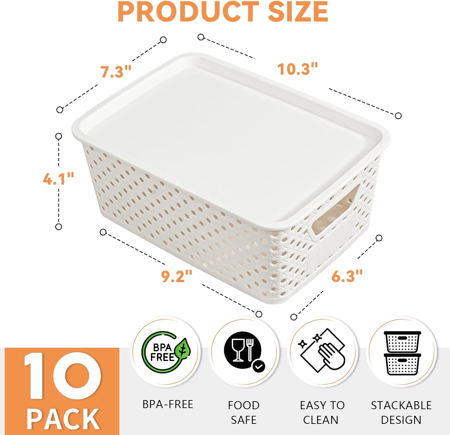 10 Pack Plastic Storage Bins with Lids, Stackable Plastic Storage Baskets for Shelves Organizing with Handles, Organizer Bins with Labels for Room, Craft, Containers for Pantry Organizers and Storage
