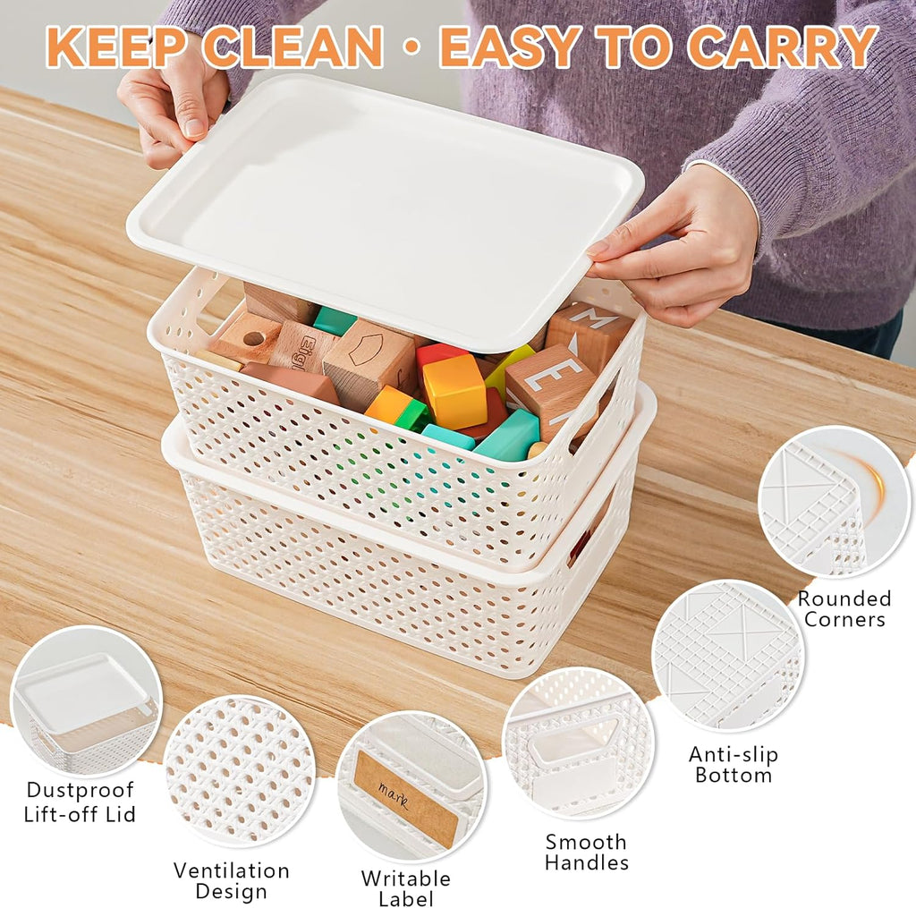10 Pack Plastic Storage Bins with Lids, Stackable Plastic Storage Baskets for Shelves Organizing with Handles, Organizer Bins with Labels for Room, Craft, Containers for Pantry Organizers and Storage
