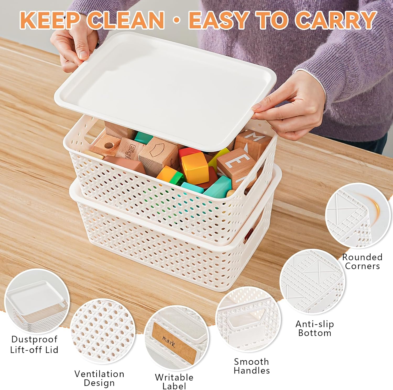 10 Pack Plastic Storage Bins with Lids, Stackable Plastic Storage Baskets for Shelves Organizing with Handles, Organizer Bins with Labels for Room, Craft, Containers for Pantry Organizers and Storage
