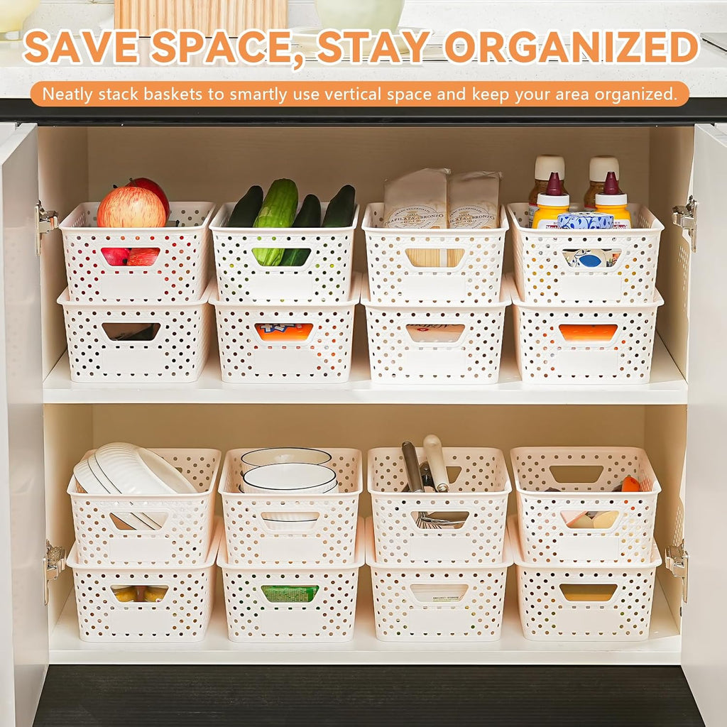 10 Pack Plastic Storage Bins with Lids, Stackable Plastic Storage Baskets for Shelves Organizing with Handles, Organizer Bins with Labels for Room, Craft, Containers for Pantry Organizers and Storage