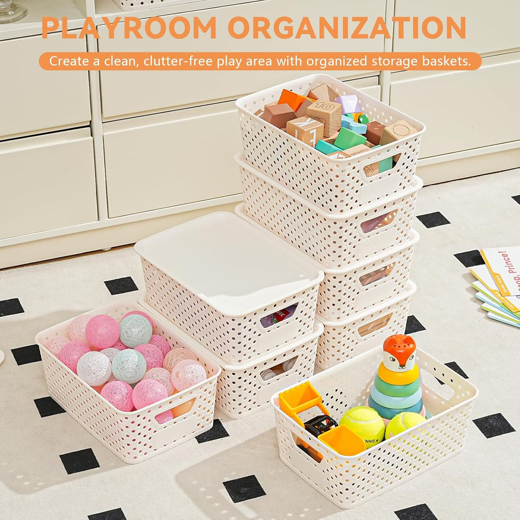 10 Pack Plastic Storage Bins with Lids, Stackable Plastic Storage Baskets for Shelves Organizing with Handles, Organizer Bins with Labels for Room, Craft, Containers for Pantry Organizers and Storage