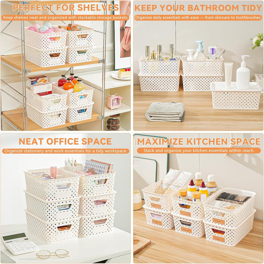 10 Pack Plastic Storage Bins with Lids, Stackable Plastic Storage Baskets for Shelves Organizing with Handles, Organizer Bins with Labels for Room, Craft, Containers for Pantry Organizers and Storage