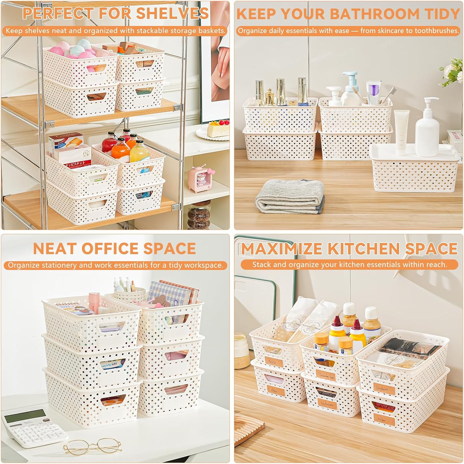 10 Pack Plastic Storage Bins with Lids, Stackable Plastic Storage Baskets for Shelves Organizing with Handles, Organizer Bins with Labels for Room, Craft, Containers for Pantry Organizers and Storage