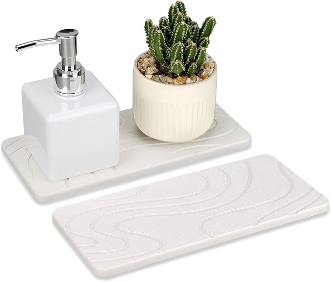 2 Pcs Water Absorbing Stone Tray for Sink Diatomaceous Earth Dish Drying Mat for Kitchen Counter Soap Dish White Diatomite Bathroom Sink Vanity Trays Absorbent Coasters Bathroom Decor and Accessories