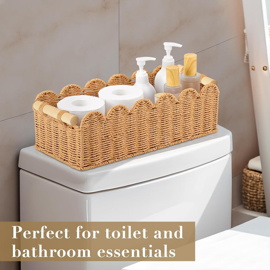 2 Pack Paper Rope Storage Baskets for Toilet Paper, Scalloped Edge Decor Baskets for Bathroom, Hand Woven Organizer Basket with Wooden Handle, Neutral Organizing Basket for Toilet Tank Top Bedroom