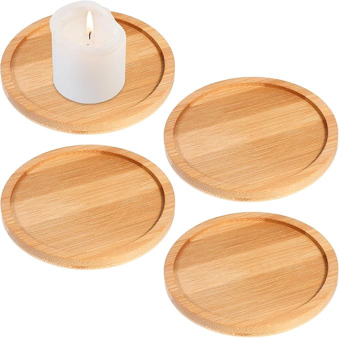 4 Pack Wood Candle Holder 3.5 Inch Wooden Pillar Candles Tray Rustic Bamboo Tray Round Wood Trays Home Decor Vintage Centerpiece Candle Holder for Wax Candles Incense Cones Weddings Christmas Decor