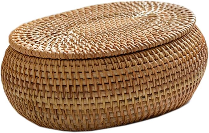 Little Woven Seagrass Storage Basket Box with Lid, Oval Hand Woven Basket, 5.5x6.7x2.8 inch Desk Decorative Box